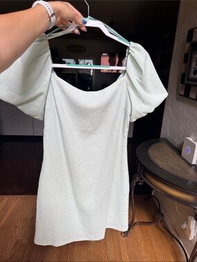 She + Sky Puff Sleeve Mint Green Mini Dress